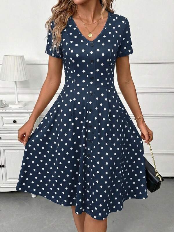 Vestido Midi Decote V Com Botões E Estampa Poá