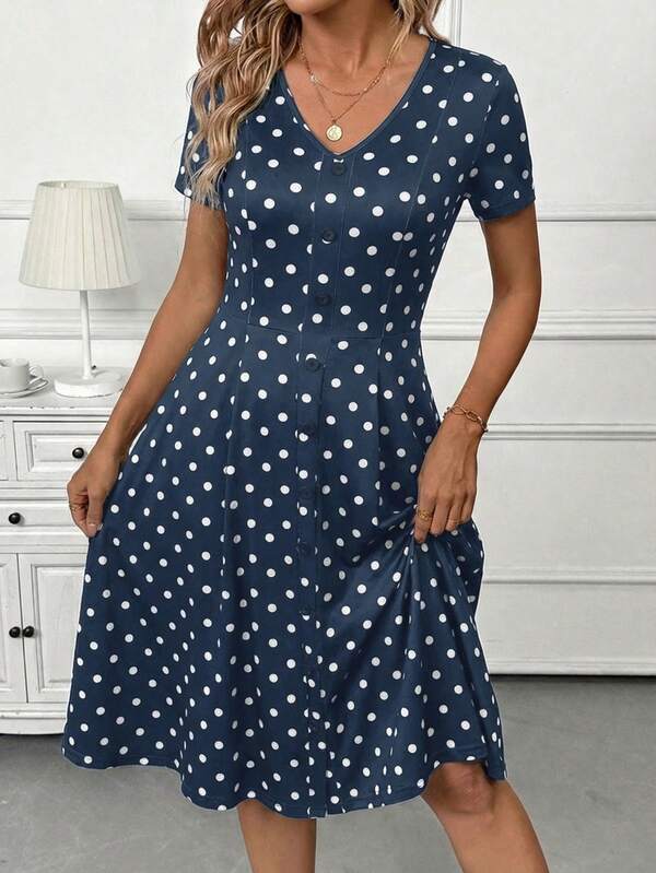Vestido Midi Decote V Com Botões E Estampa Poá