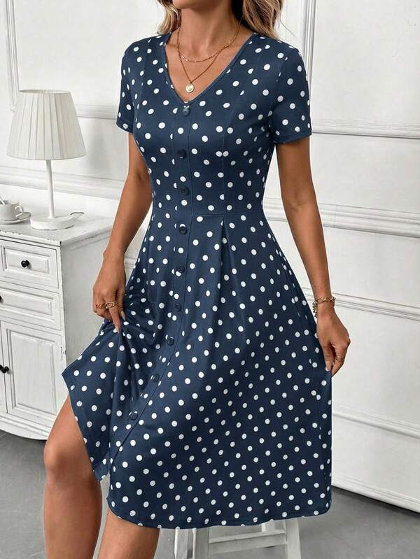 Vestido Midi Decote V Com Botões E Estampa Poá