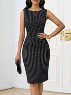 Vestido Midi Ajustado Com Drapeado Listrado