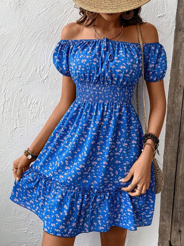 Vestido Curto Ombro A Ombro Com Lastex E Estampa Floral