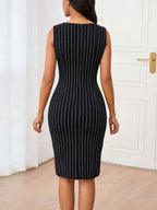 Vestido Midi Ajustado Com Drapeado Listrado