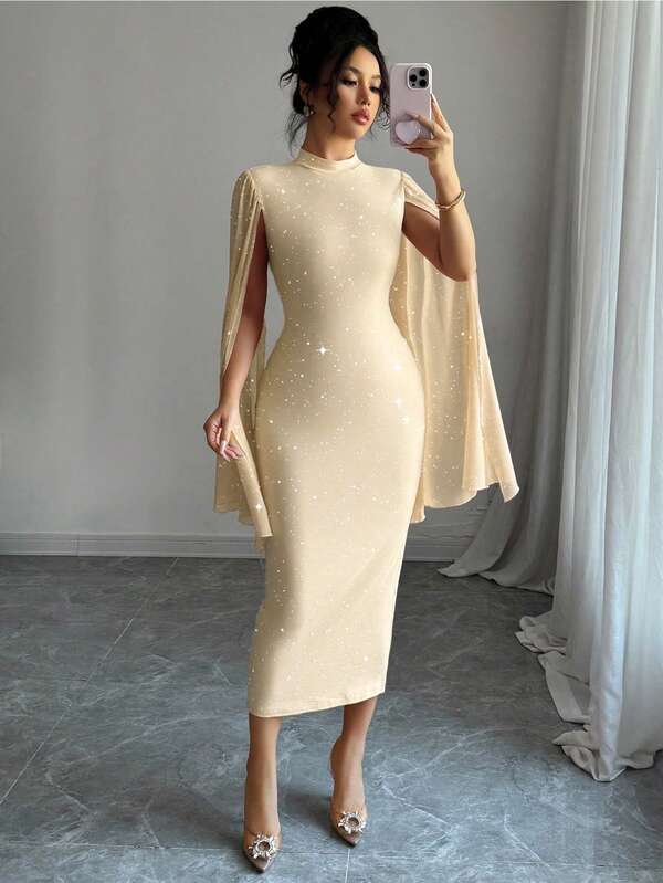 Vestido Midi Gola Alta Com Manga Capa E Brilho