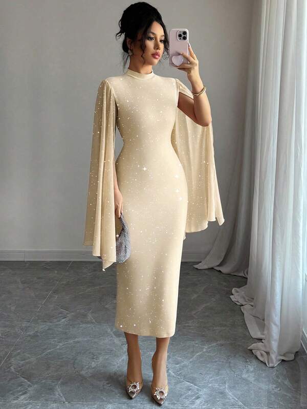 Vestido Midi Gola Alta Com Manga Capa E Brilho