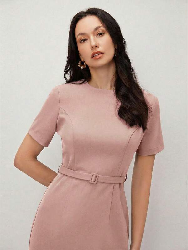 Vestido Midi Ajustado Com Cinto Estilo Minimalista