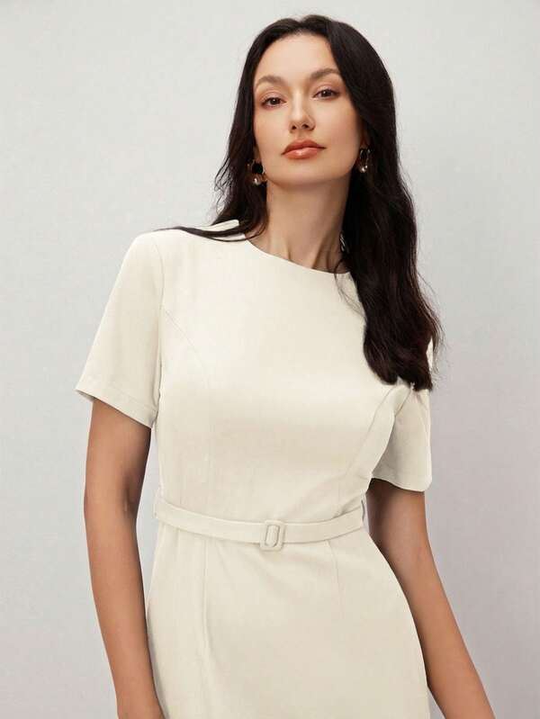 Vestido Midi Ajustado Com Cinto Estilo Minimalista