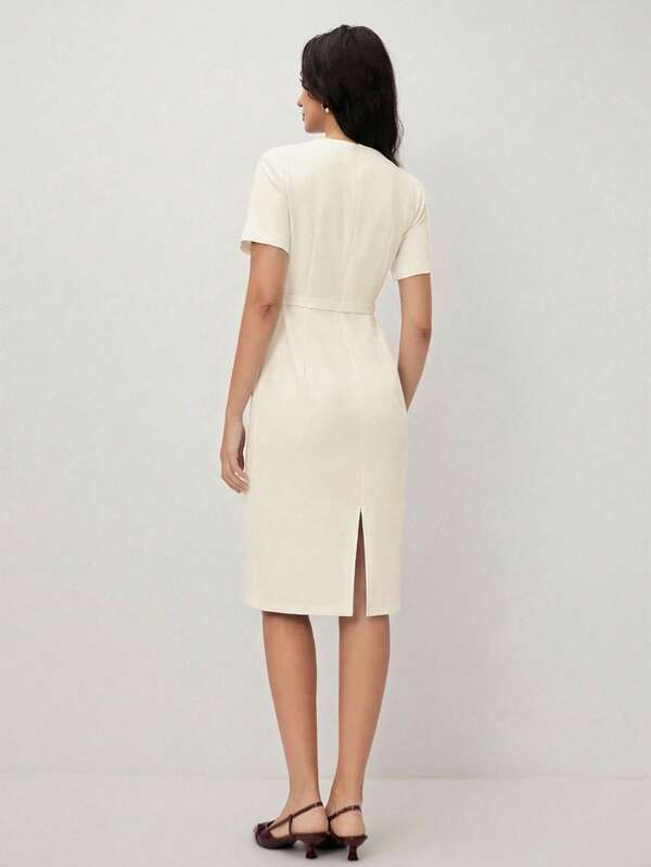 Vestido Midi Ajustado Com Cinto Estilo Minimalista