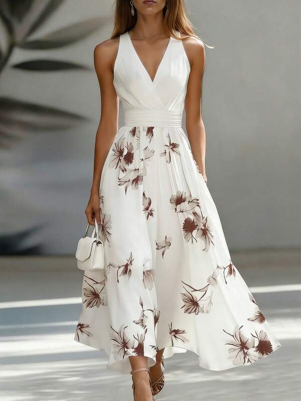 Vestido Longo Transpassado Acinturado Estampa Floral Elegante