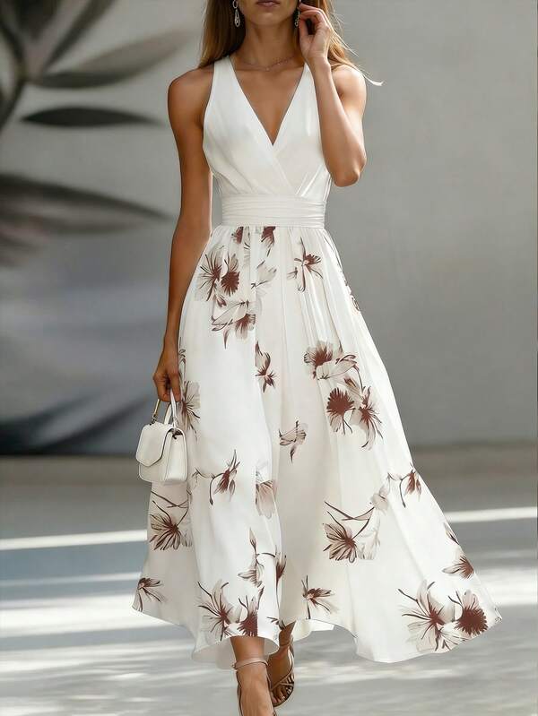 Vestido Longo Transpassado Acinturado Estampa Floral Elegante