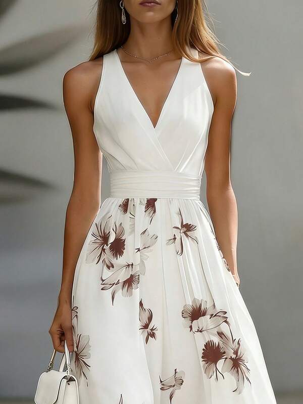 Vestido Longo Transpassado Acinturado Estampa Floral Elegante