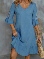 Vestido Midi Canelado Decote V Com Renda Estilo Romântico