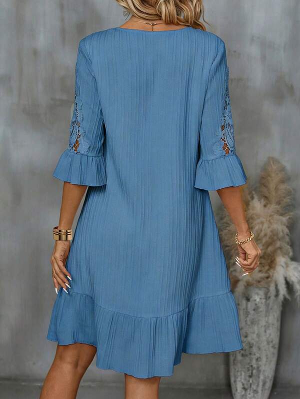 Vestido Midi Canelado Decote V Com Renda Estilo Romântico