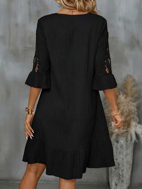 Vestido Midi Canelado Decote V Com Renda Estilo Romântico