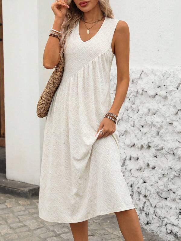Vestido Midi Regata Decote V Com Recortes Estilo Minimalista