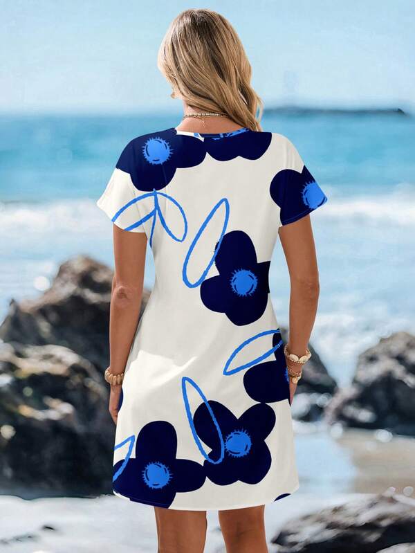 Vestido Curto Com Estampa Listrada E Manga Curta Casual