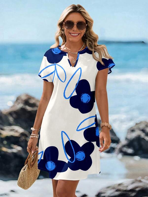Vestido Curto Com Estampa Listrada E Manga Curta Casual