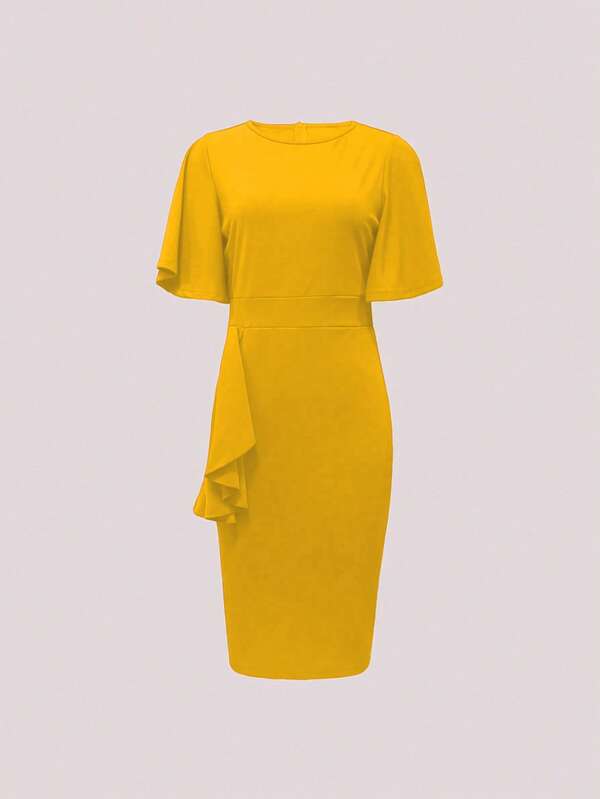 Vestido Midi Ajustado Com Babados Assimétricos