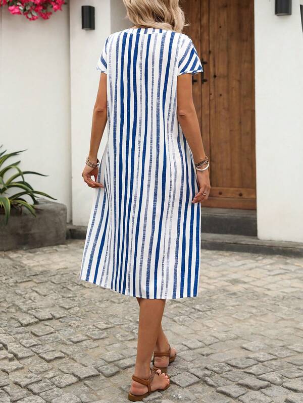 Vestido Midi Soltinho Decote V Estampa Listrada Casual