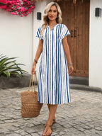Vestido Midi Soltinho Decote V Estampa Listrada Casual