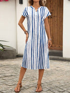 Vestido Midi Soltinho Decote V Estampa Listrada Casual