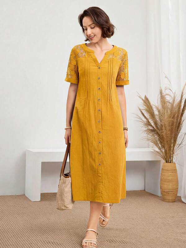 Vestido Midi Com Botões E Manga Rendada Decote Redondo Boho