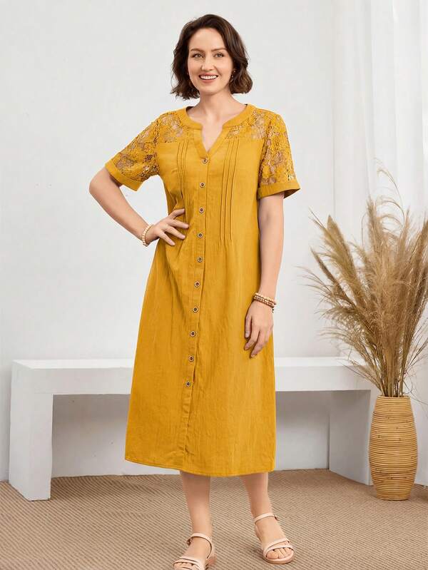 Vestido Midi Com Botões E Manga Rendada Decote Redondo Boho