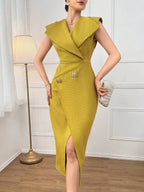 Vestido Midi Alfaiataria Com Gola Xale E Fenda