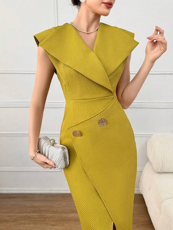 Vestido Midi Alfaiataria Com Gola Xale E Fenda