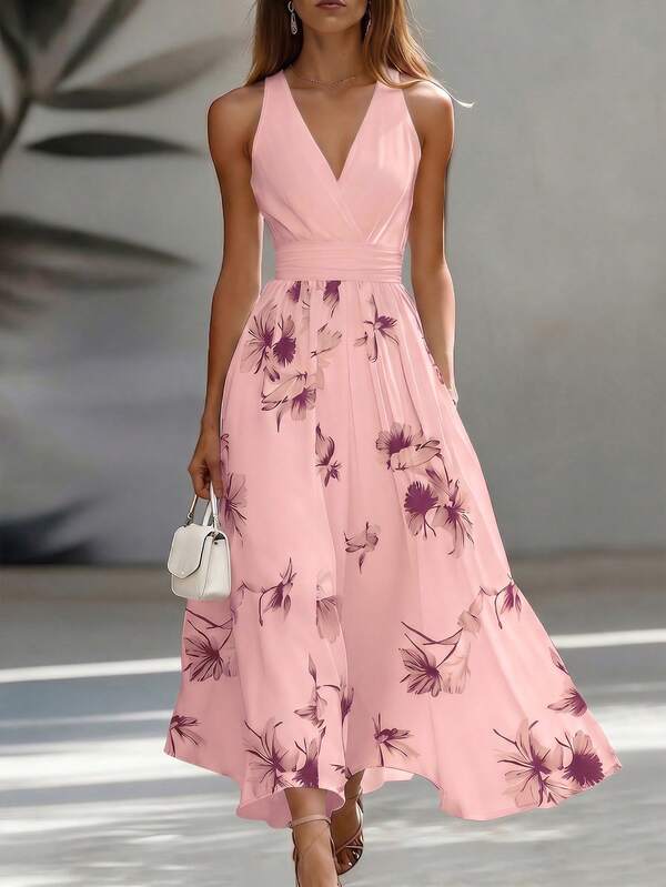 Vestido Longo Transpassado Acinturado Estampa Floral Elegante