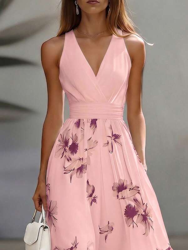 Vestido Longo Transpassado Acinturado Estampa Floral Elegante