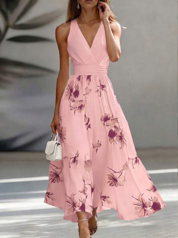 Vestido Longo Transpassado Acinturado Estampa Floral Elegante