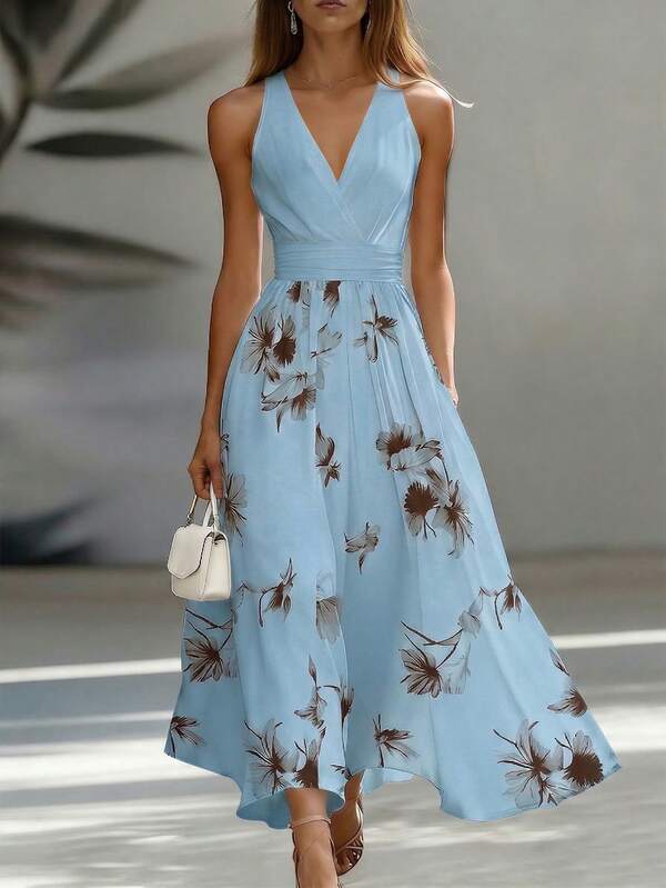 Vestido Longo Transpassado Acinturado Estampa Floral Elegante