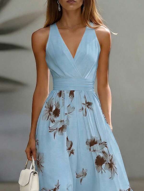 Vestido Longo Transpassado Acinturado Estampa Floral Elegante