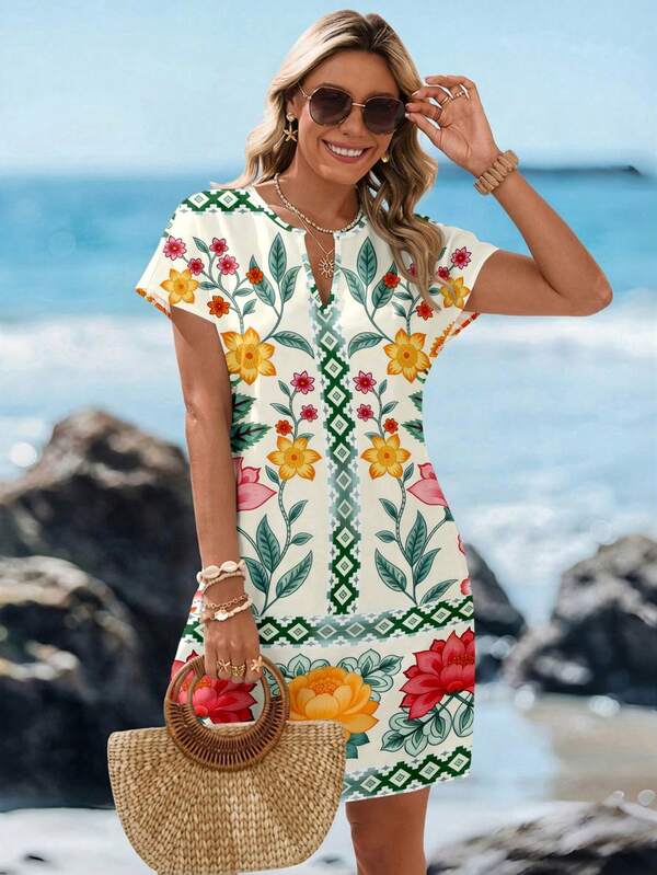 Vestido Curto Com Estampa Floral Abstrata Estilo Resort