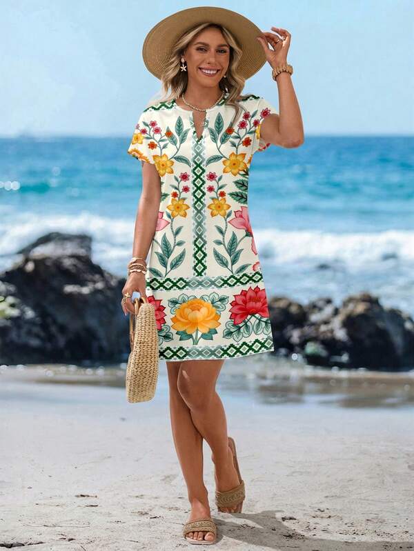 Vestido Curto Com Estampa Floral Abstrata Estilo Resort