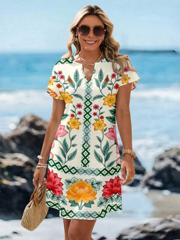 Vestido Curto Com Estampa Floral Abstrata Estilo Resort