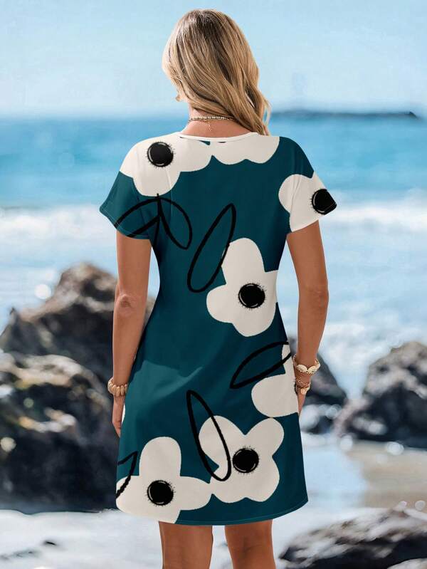 Vestido Curto Com Estampa Listrada E Manga Curta Casual