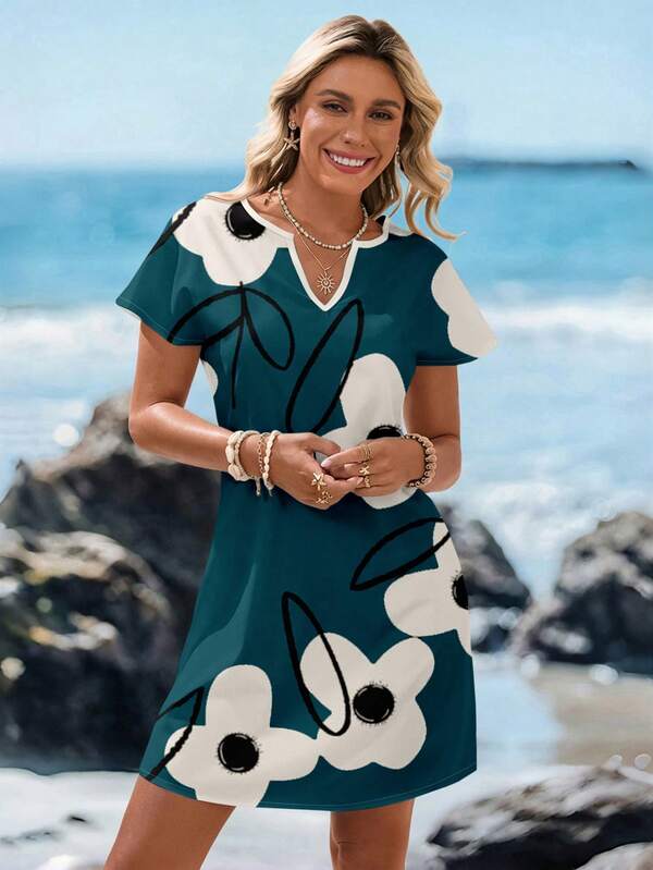 Vestido Curto Com Estampa Listrada E Manga Curta Casual