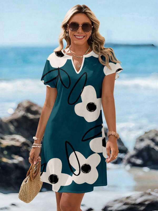 Vestido Curto Com Estampa Listrada E Manga Curta Casual