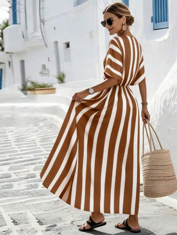 Vestido Longo Transpassado Com Estampa Listrada Resort
