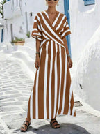 Vestido Longo Transpassado Com Estampa Listrada Resort