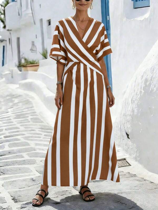 Vestido Longo Transpassado Com Estampa Listrada Resort