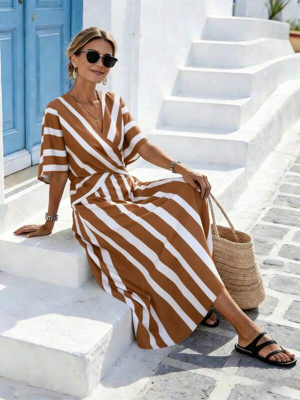 Vestido Longo Transpassado Com Estampa Listrada Resort