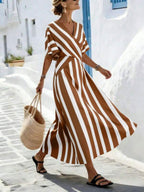 Vestido Longo Transpassado Com Estampa Listrada Resort