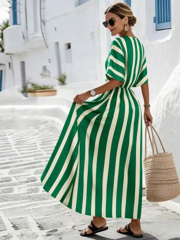 Vestido Longo Transpassado Com Estampa Listrada Resort