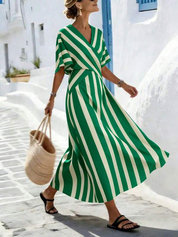 Vestido Longo Transpassado Com Estampa Listrada Resort