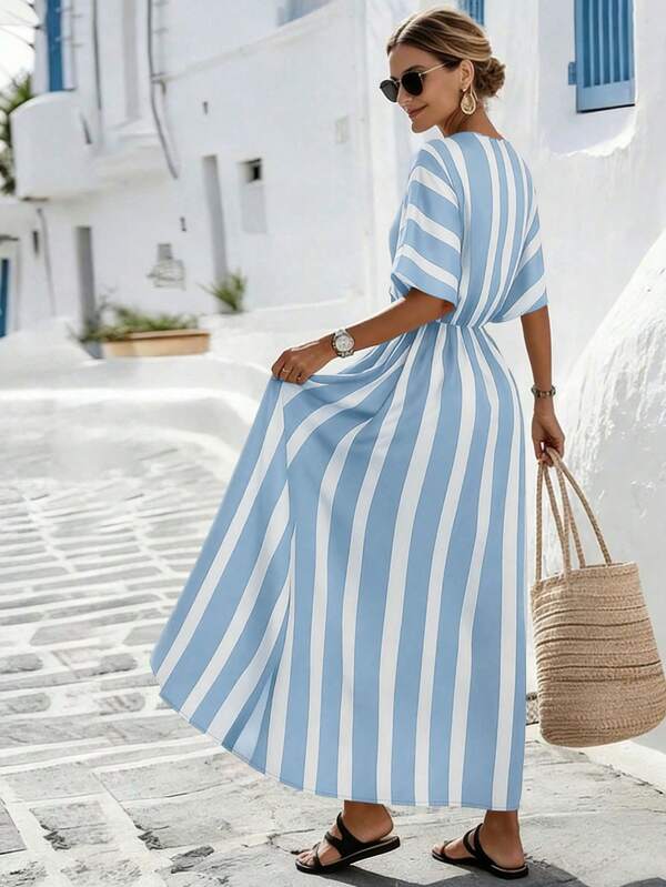 Vestido Longo Transpassado Com Estampa Listrada Resort