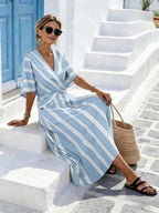 Vestido Longo Transpassado Com Estampa Listrada Resort