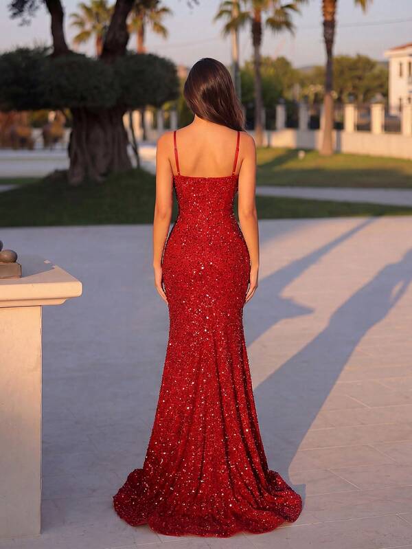 Vestido Longo Com Paetês E Fenda Frontal Profunda
