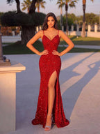 Vestido Longo Com Paetês E Fenda Frontal Profunda